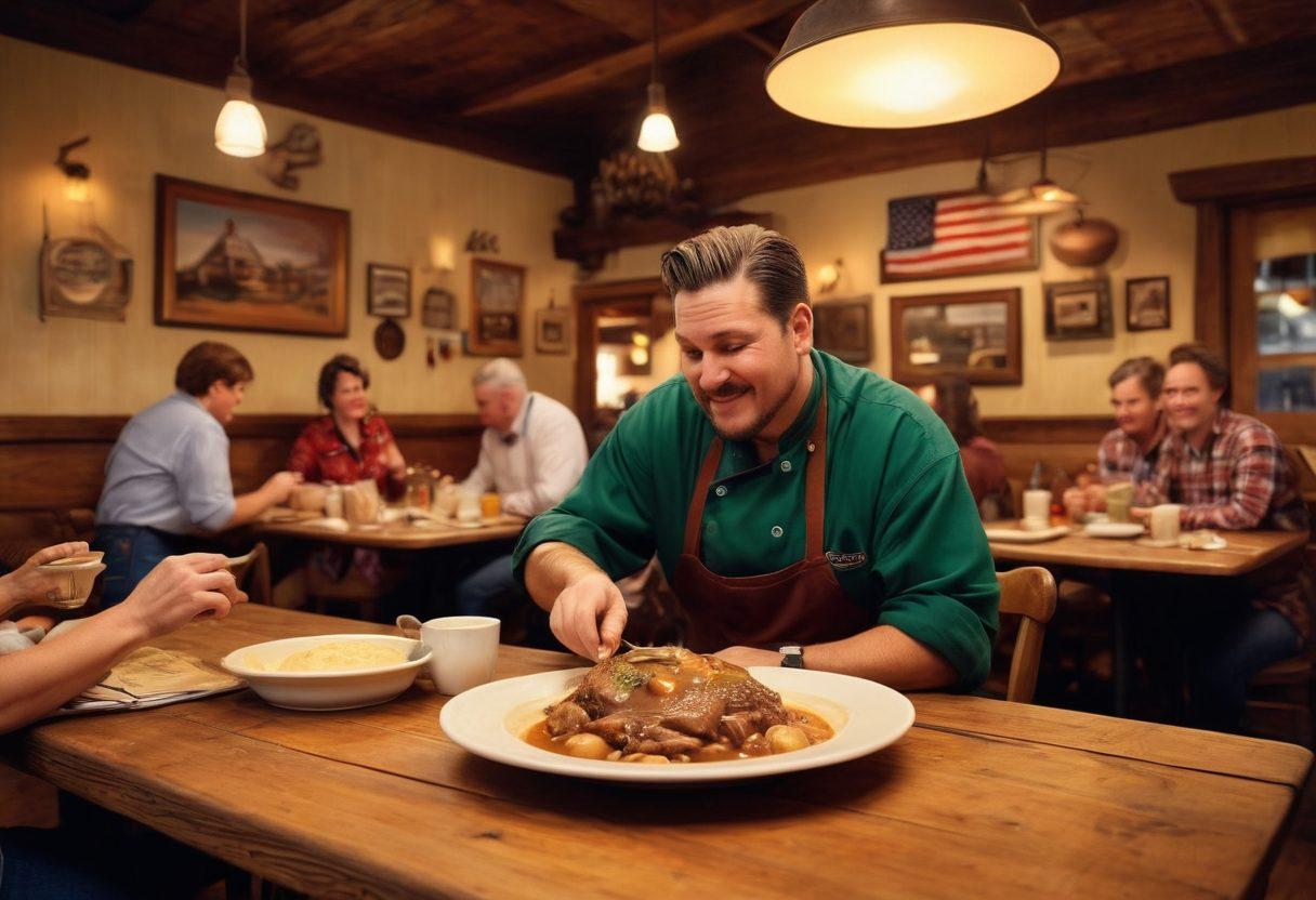 A cozy Texan diner scene featuring a chef passionately pouring rich, savory gravy over a classic comfort food dish, surrounded by rustic wooden tables and cheerful customers enjoying their meals. Warm lighting highlights the vibrant colors of the food, with a hint of Texas memorabilia in the background. Evocative and inviting atmosphere. super-realistic. warm tones. rustic style.