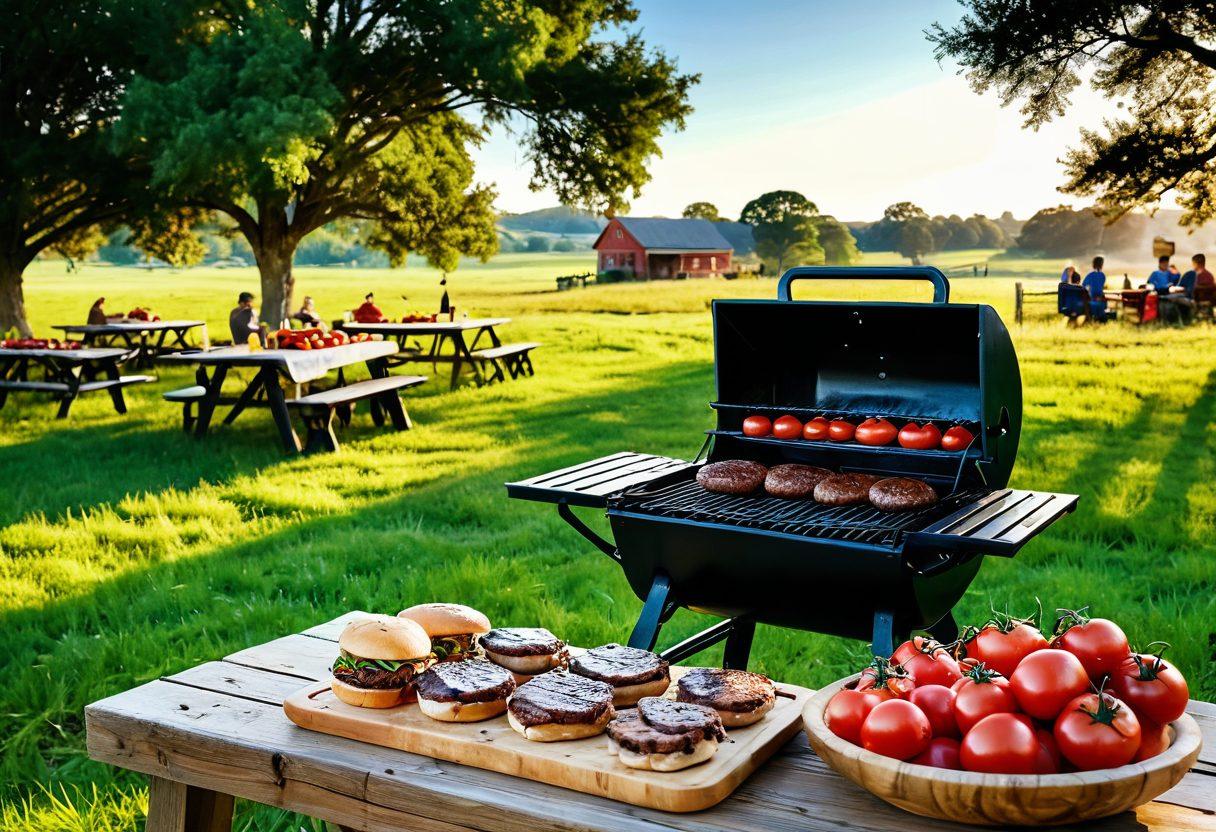 A vibrant Texas BBQ scene featuring a rustic wooden table laden with juicy grilled burgers, fresh sliced tomatoes, crispy lettuce, and golden buns. In the background, a picturesque farm setting with rolling green fields and a bright blue sky, embodying the journey of fresh produce. A few happy people sharing stories while grilling on an outdoor BBQ grill, with a warm sunset casting a golden glow. super-realistic. vibrant colors. rustic charm.