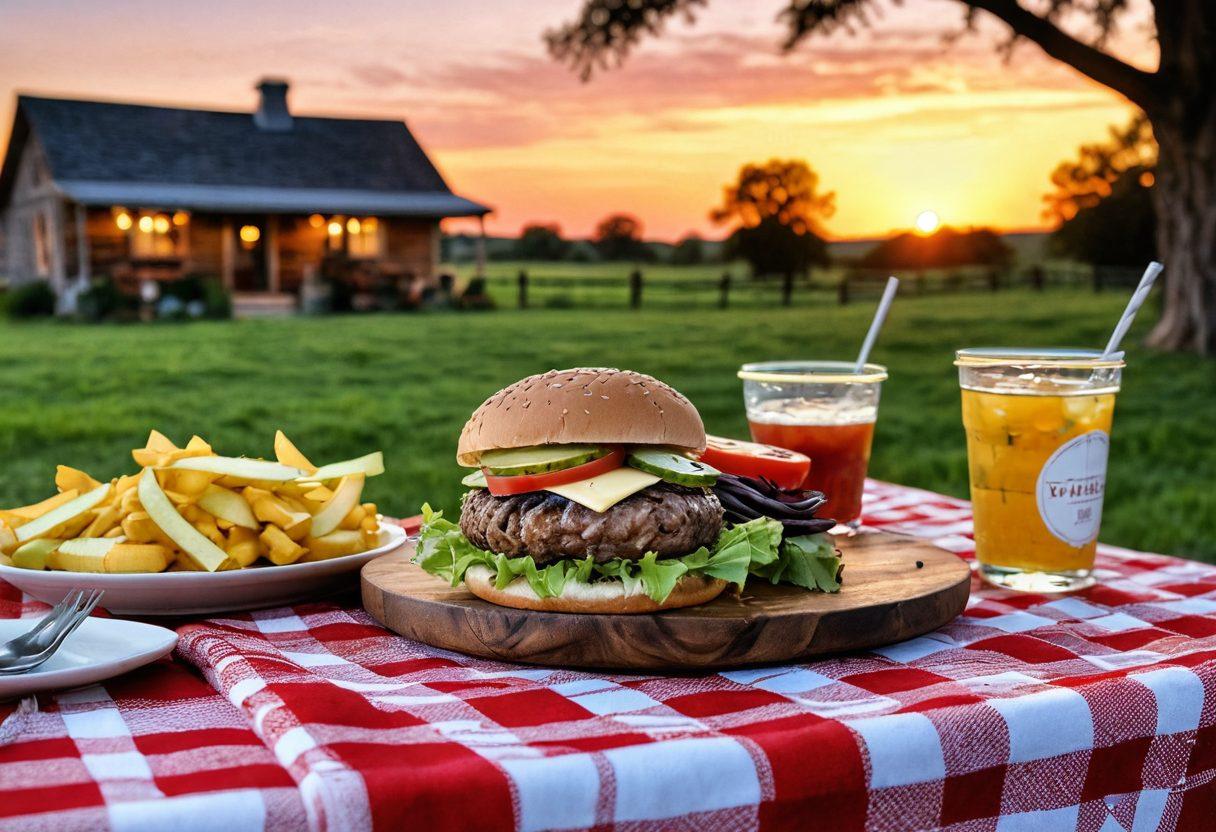 A rustic Texas setting featuring a beautifully crafted country-style burger on a checkered tablecloth, surrounded by fresh ingredients like lettuce, tomatoes, and pickles. In the background, a sunset illuminates a cozy outdoor dining area with twinkling fairy lights, evoking a romantic ambiance. Add a hint of wildflowers and a vintage wooden fence to enhance the country charm. warm and inviting. vibrant colors. painting.